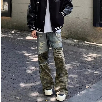 Trendy Camo Cowboy Cargo Pants Mens Spring Autumn Elasticity Fashion Harajuku Patchwork Straight Jeans New Washed Denim Trousers Street King Limited