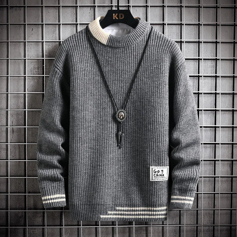 Autumn Winter Men Sweater Warm Top New Fashion Stitching Color Matching Pullover Round Neck Sweater Thickened Knitted Sweater Street King Limited