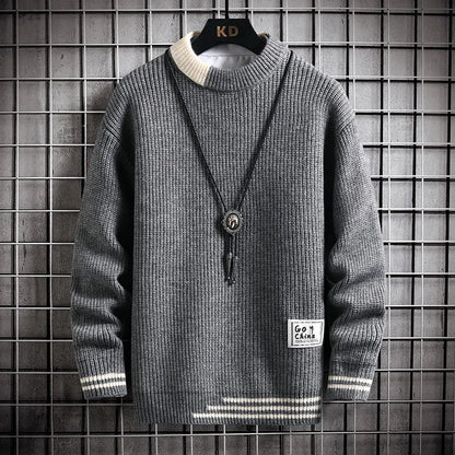 Autumn Winter Men Sweater Warm Top New Fashion Stitching Color Matching Pullover Round Neck Sweater Thickened Knitted Sweater Street King Limited