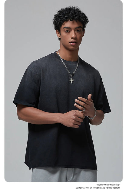 2024 Spring Summer New in Tops Tees Trendy Spray Dye Cut Damaged Washed Y2k Clothes Men's Short Sleeved T-shirt Oversized Street King Limited