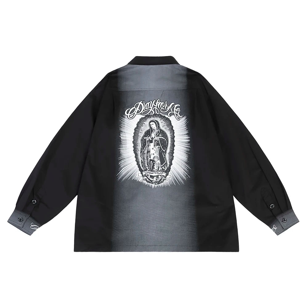Back Characater Letter Print Washed Autumn Shirts for Men Lapel High Street Baggy Y2k Camisas Oversized Long Sleeve Blouses Street King Limited