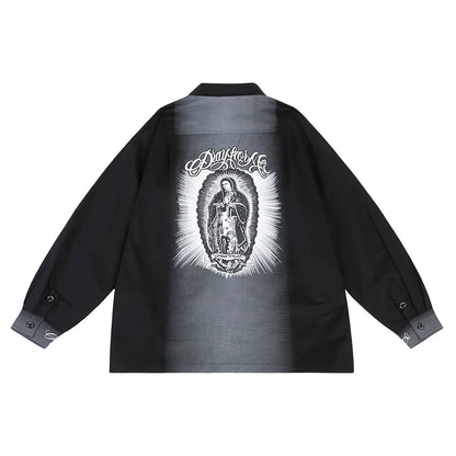 Back Characater Letter Print Washed Autumn Shirts for Men Lapel High Street Baggy Y2k Camisas Oversized Long Sleeve Blouses Street King Limited