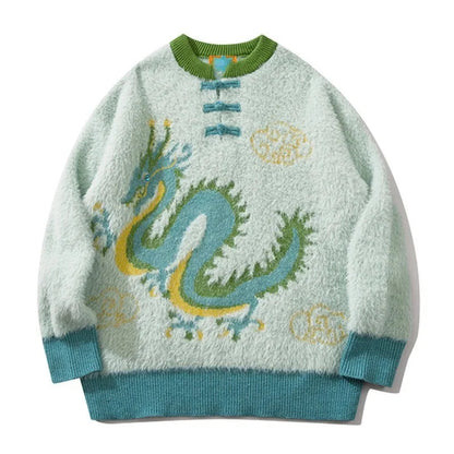 Hip Hop Knitted Sweater Unisex New Year Chinese Tie Dragon Pattern Pullover Streetwear Casual Loose Sweater Warm Jumper Knitwear Street King Limited