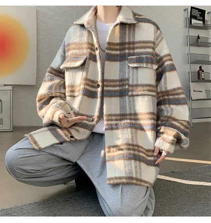 winter y2k vintage striped woolen jackets for men patchwork long sleeve plaid cardigan coats high street cargo shirt jacket unique cargo style 77