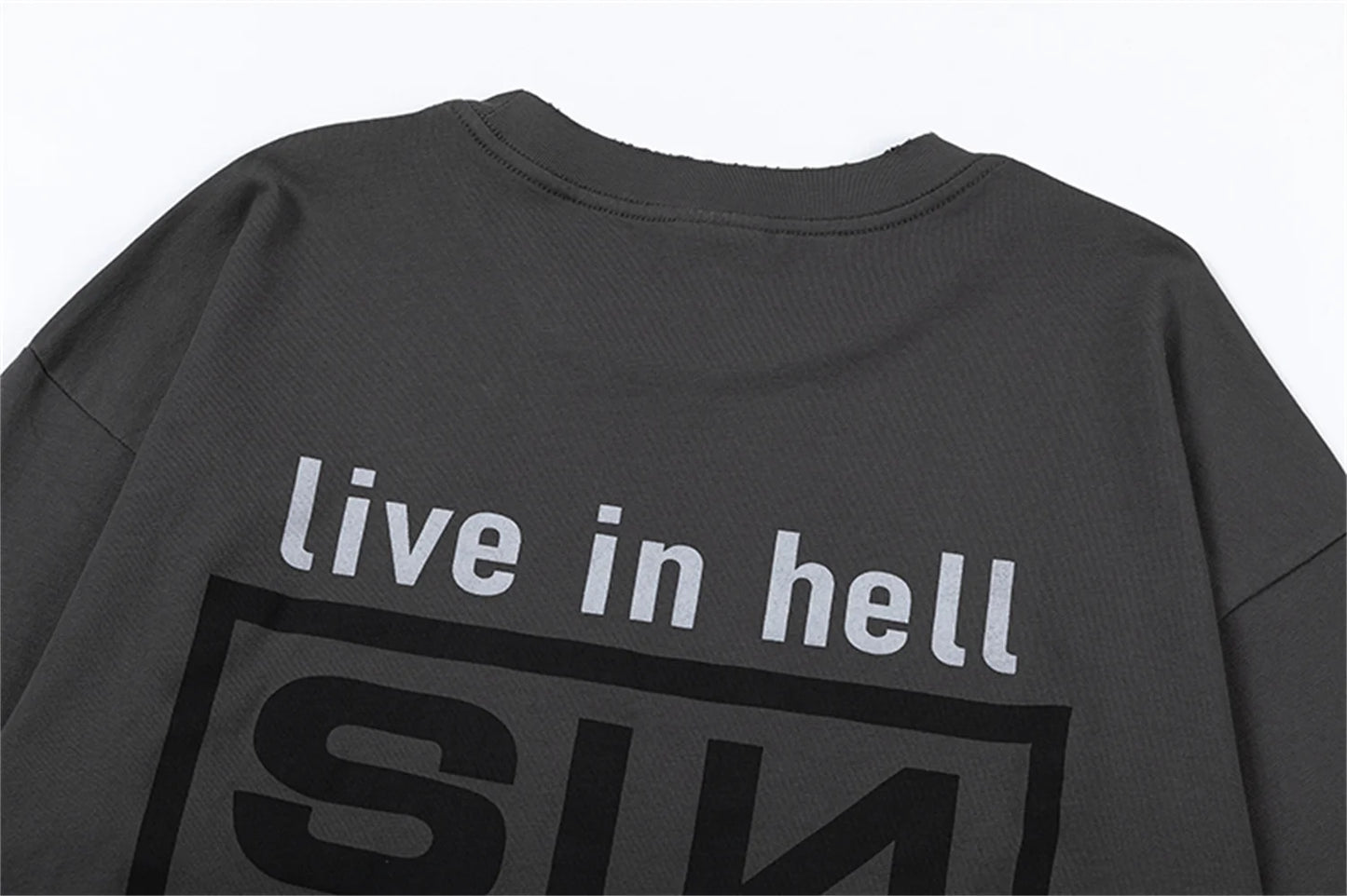 Summer Retro Vintage SIN Print High-Street Distressed Worn Cotton Casual Loose Long Sleeve T-Shirt Pullover Street King Limited