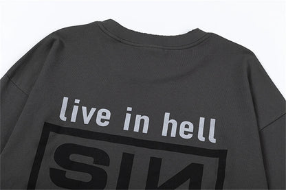 Summer Retro Vintage SIN Print High-Street Distressed Worn Cotton Casual Loose Long Sleeve T-Shirt Pullover Street King Limited
