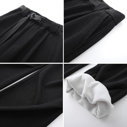 winter mens wide leg straight sweatpants korean fashion warm fleece track pants male casual thermal trousers with long belt sporty tapered joggers