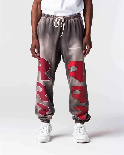 RRR123 24FW Sunshine Wash Brown Flower Grey Loose Drawstring Feet Guard Pants Street King Limited