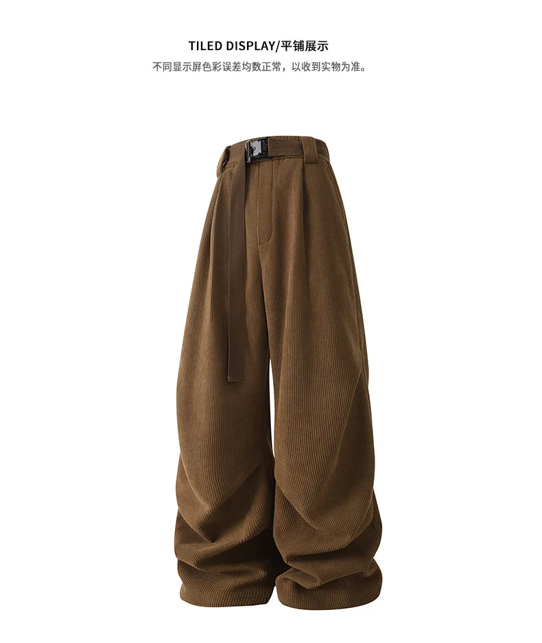 winter mens wide leg straight sweatpants korean fashion warm fleece track pants male casual thermal trousers with long belt unique joggers style 1080