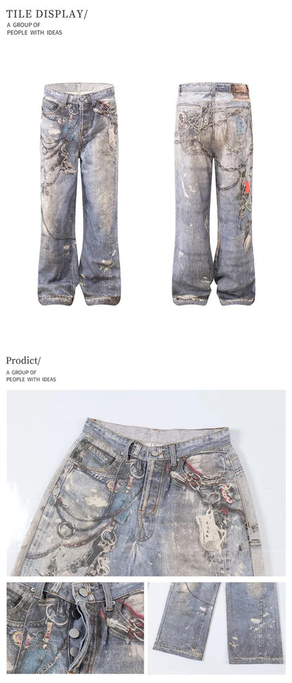 new 3d chain printed baggy jeans for men and women casual baggy straight denim pants high street wide leg y2k blue jean unique jeans style 429