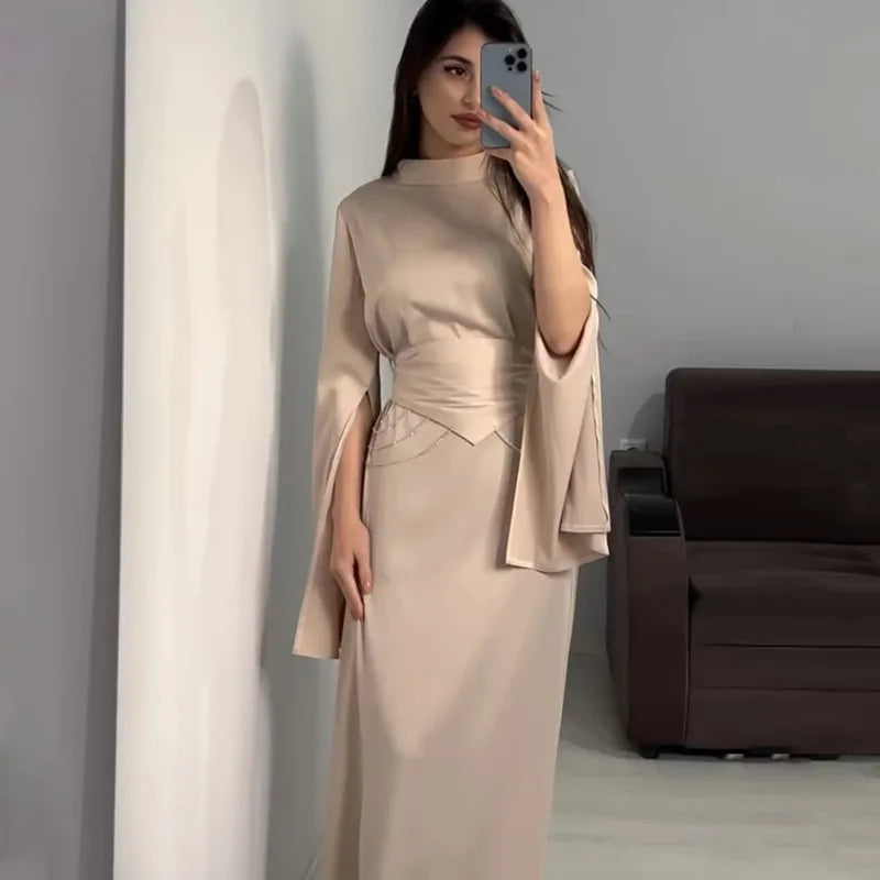 Elegant Lady Long Satin Dress Half High Collar Flare Sleeves Party Bodycon Dress Streetwear Solid Slim Evening Dresses For Women Street King Limited