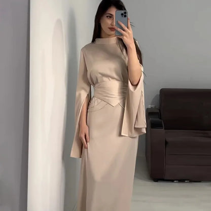 Elegant Lady Long Satin Dress Half High Collar Flare Sleeves Party Bodycon Dress Streetwear Solid Slim Evening Dresses For Women Street King Limited