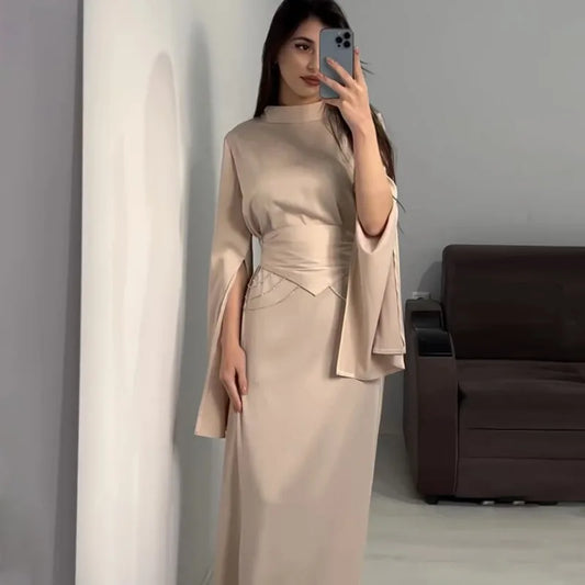 Elegant Lady Long Satin Dress Half High Collar Flare Sleeves Party Bodycon Dress Streetwear Solid Slim Evening Dresses For Women Street King Limited