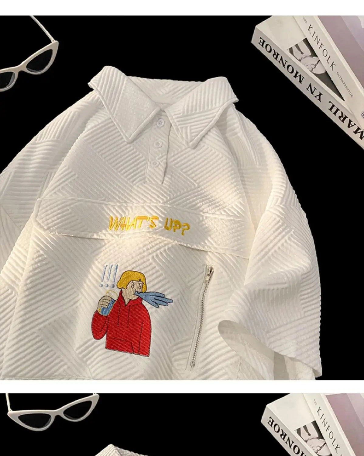 Korean waffle short-sleeved polo shirt with cartoon pattern summer jacquard collar t-shirt for men ins Hong Kong style loose top Street King Limited