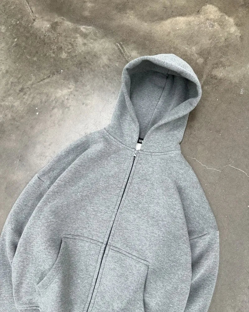 American High Street Fashion Casual Hoodie Men Y2k Harajuku Retro Solid Color Zipper Sweatshirt Loose Oversized Coat Women Street King Limited