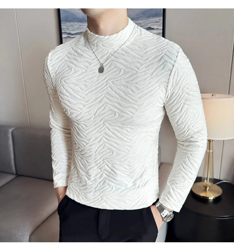 Semi-turtleneck Stretch Slim Fit T Shirt Men Long Sleeve Thicken Velvet Tiger-pattern Bottom T-shirt Business Casual Tshirt Street King Limited