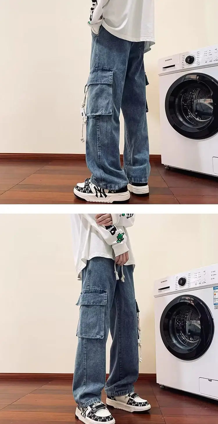 american retro and personalized straight leg jeans for men and women with hiphop big pocket design work pants loose casual pants unique jeans style 759