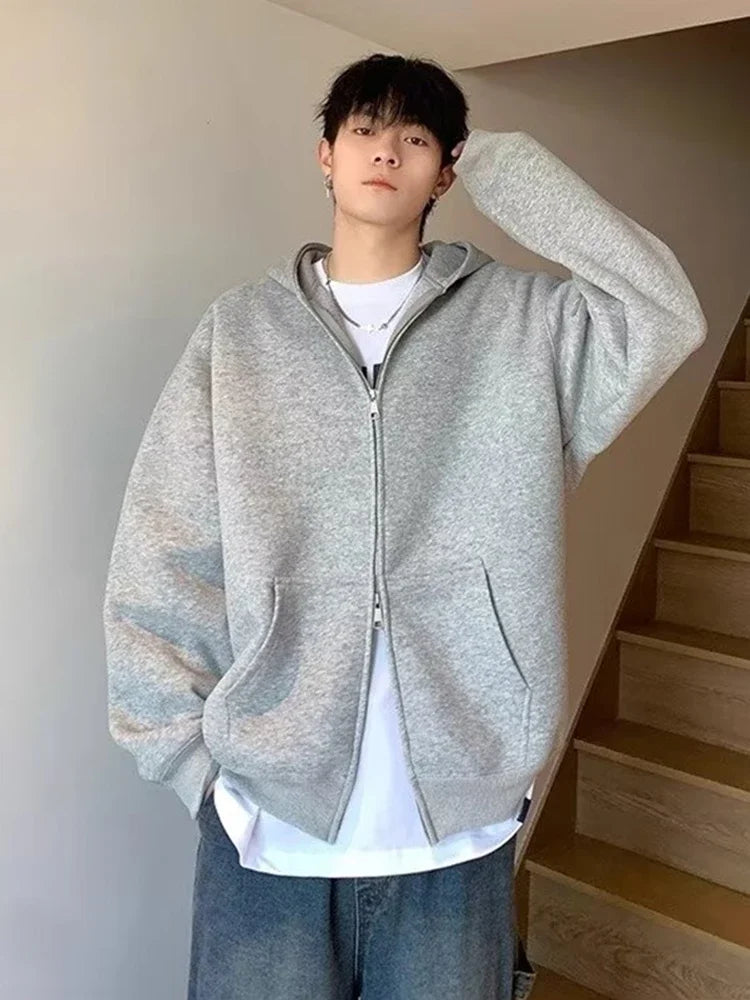 winter mens fleece zipper hooded sweatshirts 2025 new classic solid color oversized hoodies y2k streetwear outerwear tracksuit unique default style 40