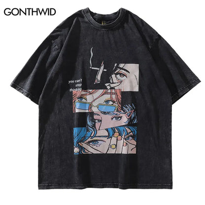 Distressed Oversize T Shirt Streetwear Japanese Anime Eyes Print Retro Tshirt 2023 Hip Hop Casual Cotton Loose T-Shirt Black Street King Limited