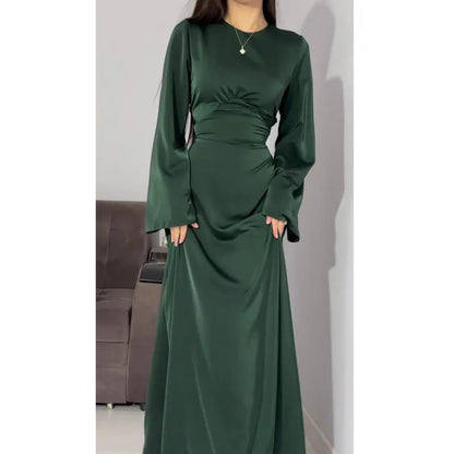 2024 Women Satin Long Dresses Sexy Lace Up Slim Evening Dresses Simple Round Neck Flare Sleeve Birthday Party Dresses For Women Street King Limited