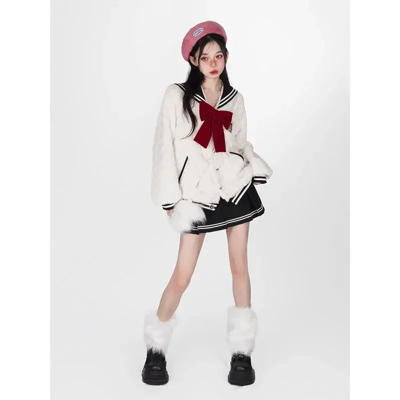 Harajuku Sweet Thicknecked Bow College Coat Woman Zip Up Hoodie Sailor Suit Plush Hoodies Women 2023 Streetwear Goth Y2k Clothes Street King Limited