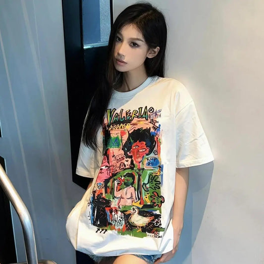 Summer t-shirt short-sleeved women's pure cotton student lazy style ins trend Korean round neck loose slim abstract y2k tops emo Street King Limited