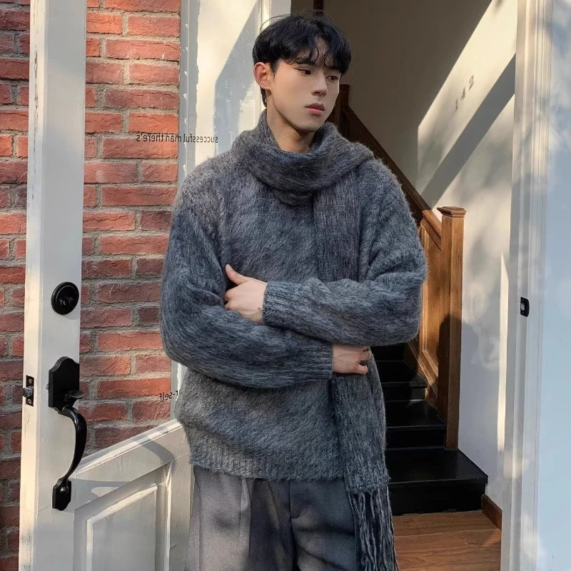 Autumn Warm Sweater Mens Korean Street Simplicity Round Neck Pullover+Solid Color Scarf Two-piece Set Casual Knitted Tops Trend Street King Limited