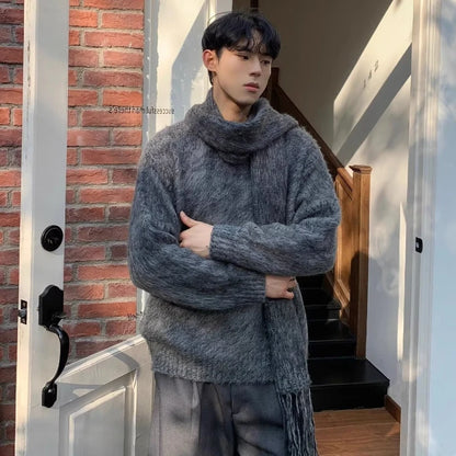Autumn Warm Sweater Mens Korean Street Simplicity Round Neck Pullover+Solid Color Scarf Two-piece Set Casual Knitted Tops Trend Street King Limited