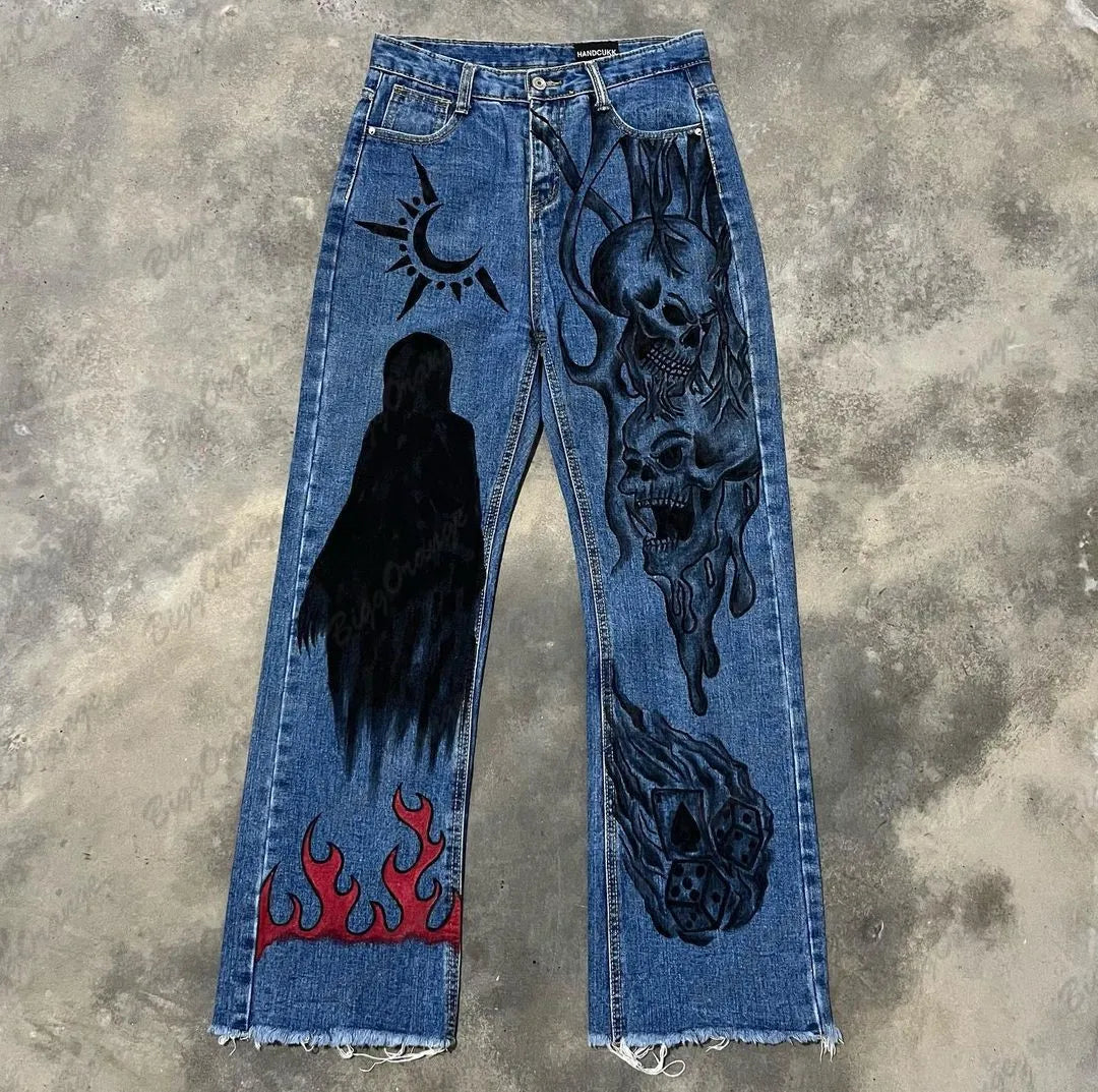 european and american super hot devil pattern pants printed jeans high street hip hop versatile loose vintage blue denim pants vintage washed jeans