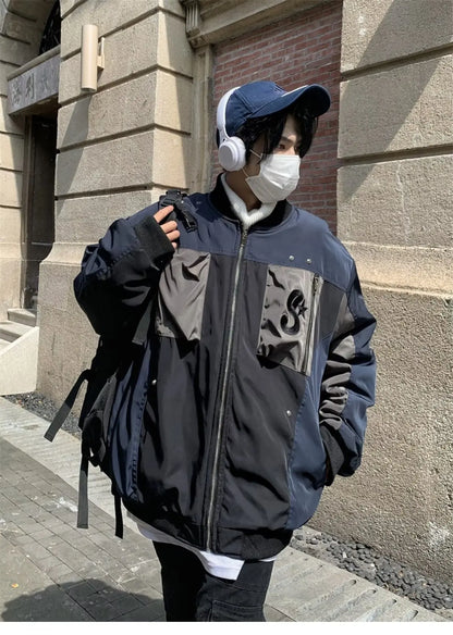 multi pocket bomber jacket men vintage loose varsity coat fashion korean patchwork baseball pilot outerwear unisex spring autumn unique default style 3739