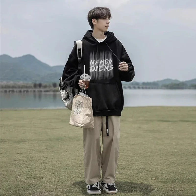 2024 New Graffiti Letter Print Hooded Fleece Sweatshirt For Men Loose Fit Hip Hop Fashion Pullover Hoodies Y2K Streetwear Hoodie Street King Limited