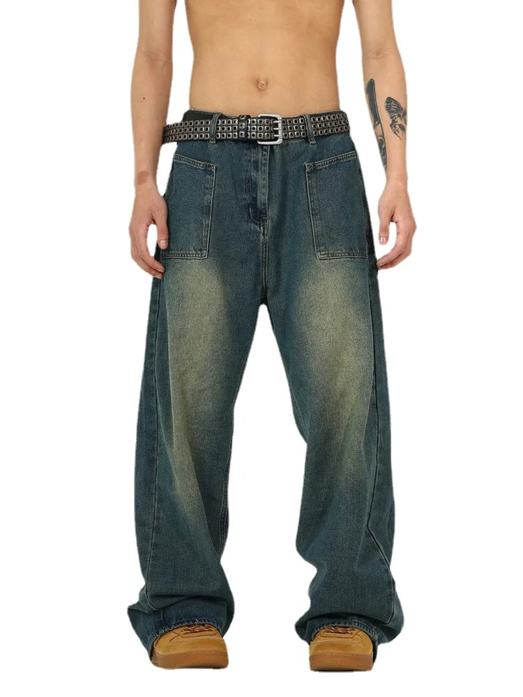 retro washed denim baggy jeans pants unisex hip hop fashion streetwear harajuku loose wide leg straight y2k pants joggers men sporty tapered joggers