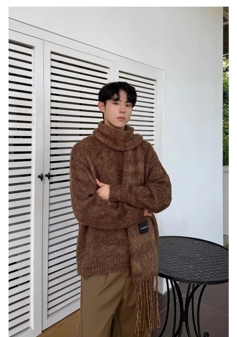 Autumn Warm Sweater Mens Korean Street Simplicity Round Neck Pullover+Solid Color Scarf Two-piece Set Casual Knitted Tops Trend Street King Limited