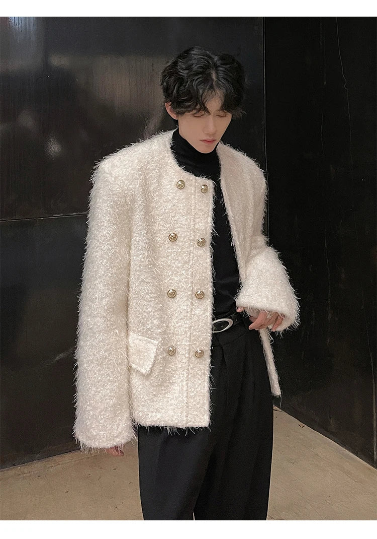 men double breasted french streetwear retro fashion loose casual tassels woolen short jacket man korean coat outerwear unique shorts style 1273