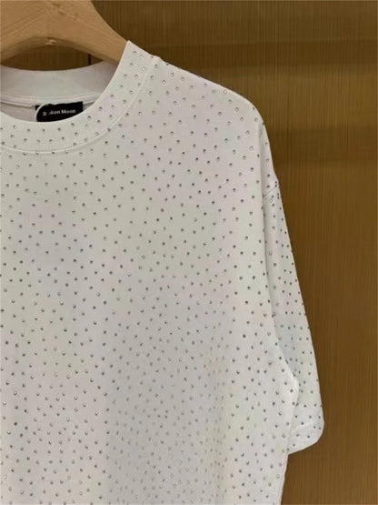 BALCG Style Original Heavy duty Starry Sky Washed Olded Starry Sky Rhinestone Oversized Loose Short sleeved T-shirt White Street King Limited