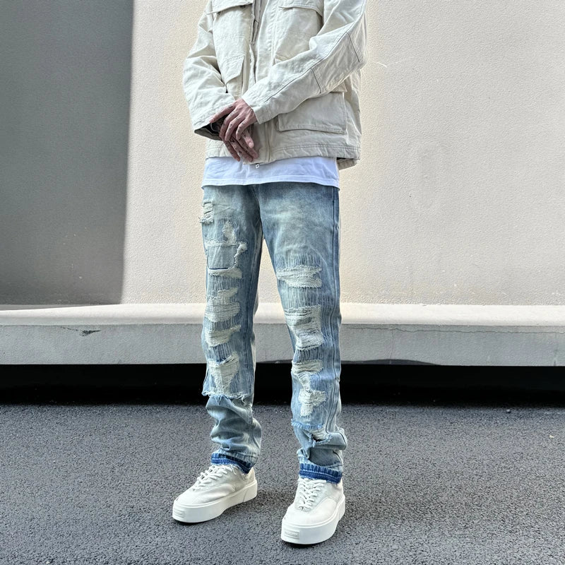 mens high street denim jean pants new casual blue slim ripped holes straight zipper jeans trousers hip hop streetwear joggers unique joggers style 5233