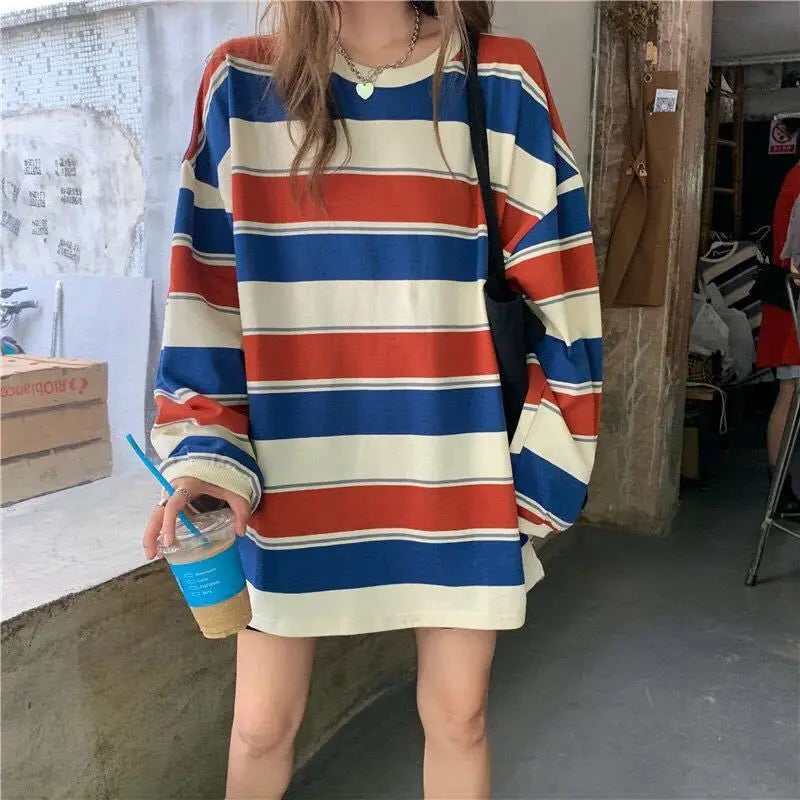 Women T shirts Striped Sweatshirt Thin tops 2024 Spring Women's Clothing Korean Fashion Couples Long Sleeve Teed y2k Pullovers Street King Limited