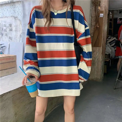 Women T shirts Striped Sweatshirt Thin tops 2024 Spring Women's Clothing Korean Fashion Couples Long Sleeve Teed y2k Pullovers Street King Limited