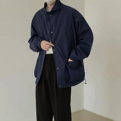 japanese spring jacket mens single breasted stand collar harajuku unisex coats solid big pocket drawstring casual men outwear menswear bottoms