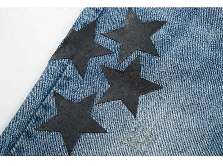 fashion ripped destroied jeans trousers distressed biker jeans with stars high street slim pants joggers denim jeans for men unique joggers style 2253