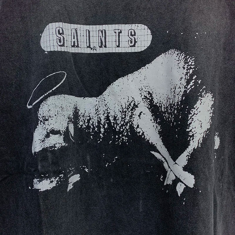 2024ss Sheep Lion Head Printing T Shirt Michael Men Woman Good Quality Vintage Wash Black O-Neck Loose Casual Tops Tee Street King Limited