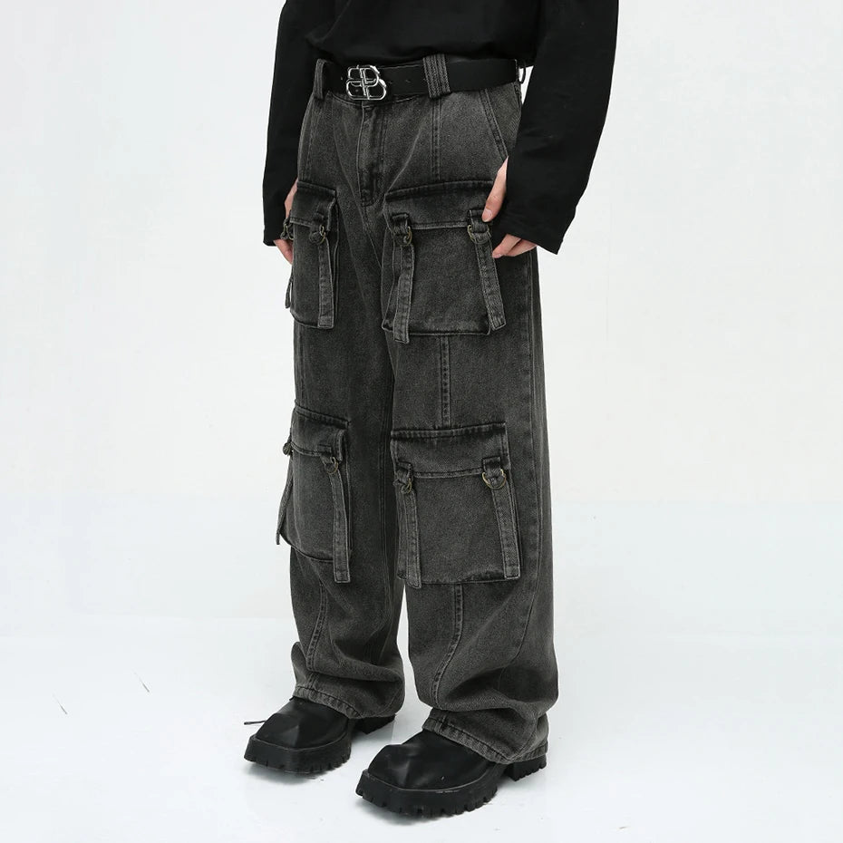 multi pocket cargo jeans men korean fashion loose straight denim pants military streetwear pants