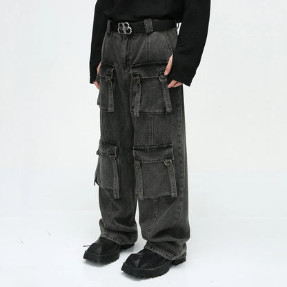 multi pocket cargo jeans men korean fashion loose straight denim pants military streetwear pants