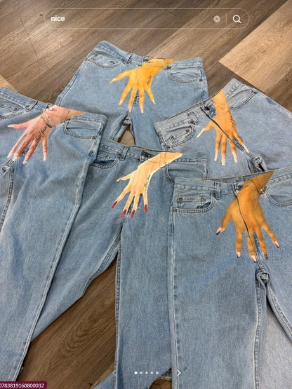 Harajuku Hand Print Graphic Streetwear Women High Waist Wide Couples y2k denim baggy Jeans Men Pants Trousers men clothing Street King Limited