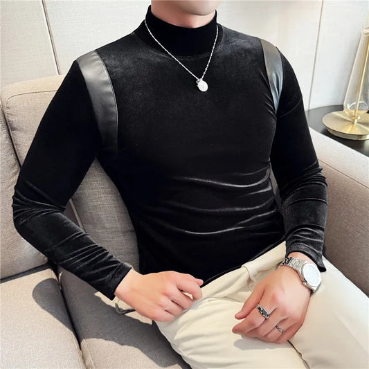 Turtleneck Stretch Slim-fit T-shirt Men Long Sleeve Thicken Elastic Velvet Retro Fashion Casual Tshirt Handsome Man T Shirts Street King Limited