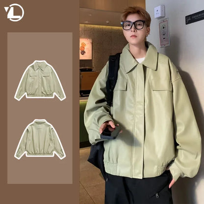 american motorcycle pu leather jacket mens 2024 new streetwear street hip hop trend coats spring new multi pocket lapel outwear minimalist street pants