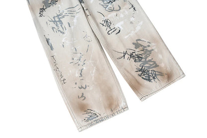 men hip hop baggy jeans graffiti printed loose straight denim pants dirty washed streetwear fashion jeans trousers white unique jeans style 687
