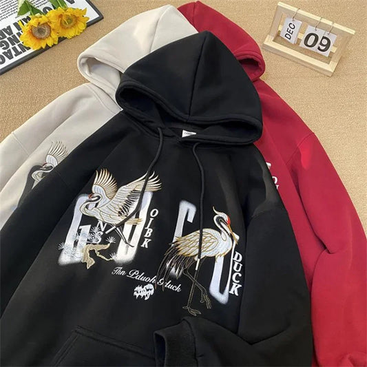 New Chinese Crane Printed Pullover Hoodies For Men Y2K Vintage Oversized Hooded Sweatshirt Autumn Streetwear Fleece Hoody Street King Limited