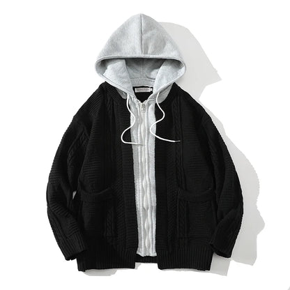 men hooded knitted cardigan sweater coat autumn winter fake two piece hooded drawstring jacket unisex streetwear urban fashion pants
