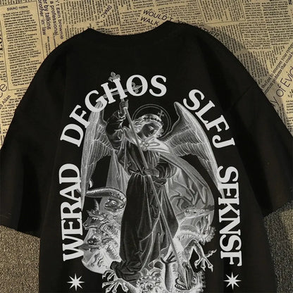 Summer Fashion Retro Gothic Print Men T-shirt Top Fashion Cotton Loose Harajuku Couple Hip Hop Y2K streetwear Short Sleeve Street King Limited